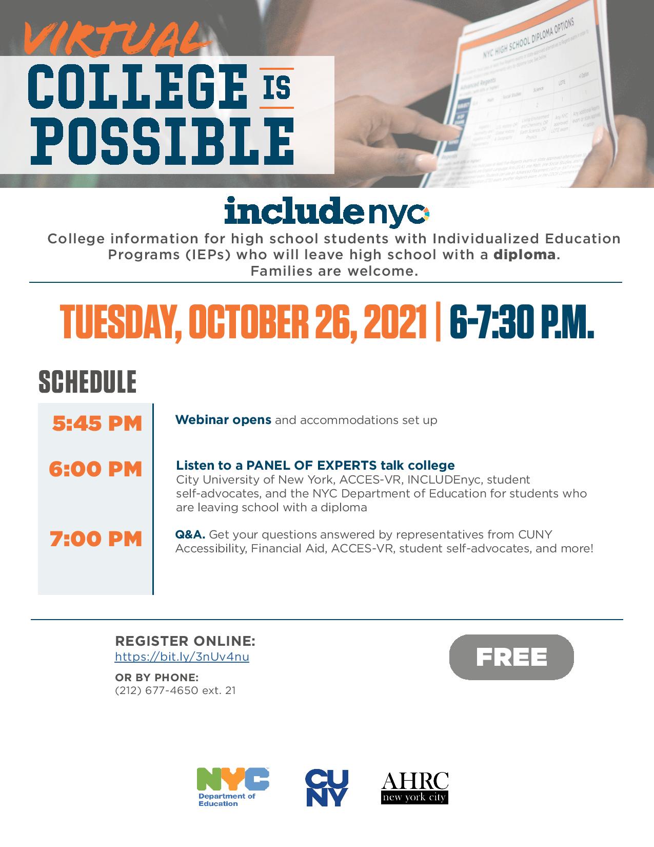 INCLUDEnyc&#039;s Virtual &quot;College is Possible&quot; Information Session @ online event