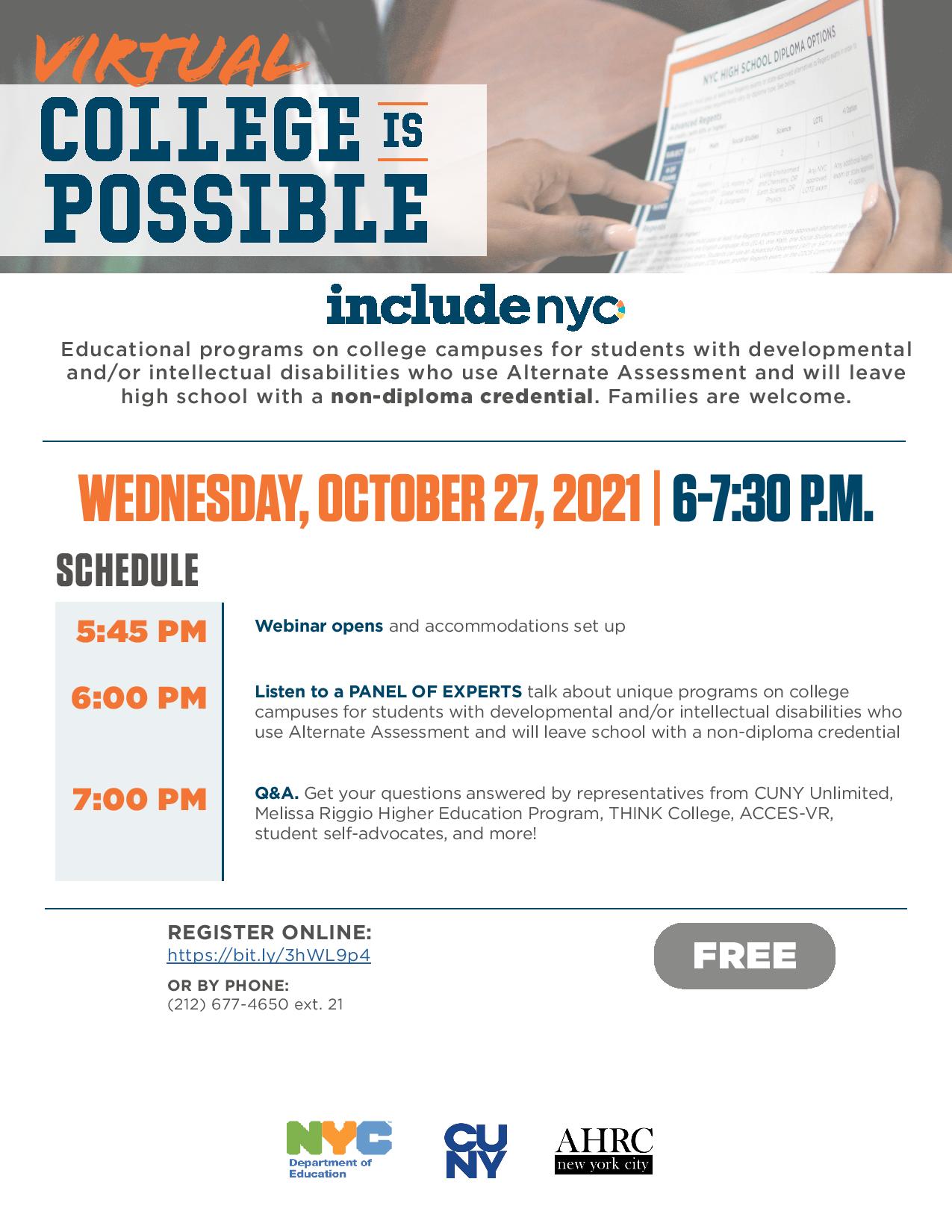 INCLUDEnyc&#039;s Virtual &quot;College is Possible&quot; Information Session @ online event