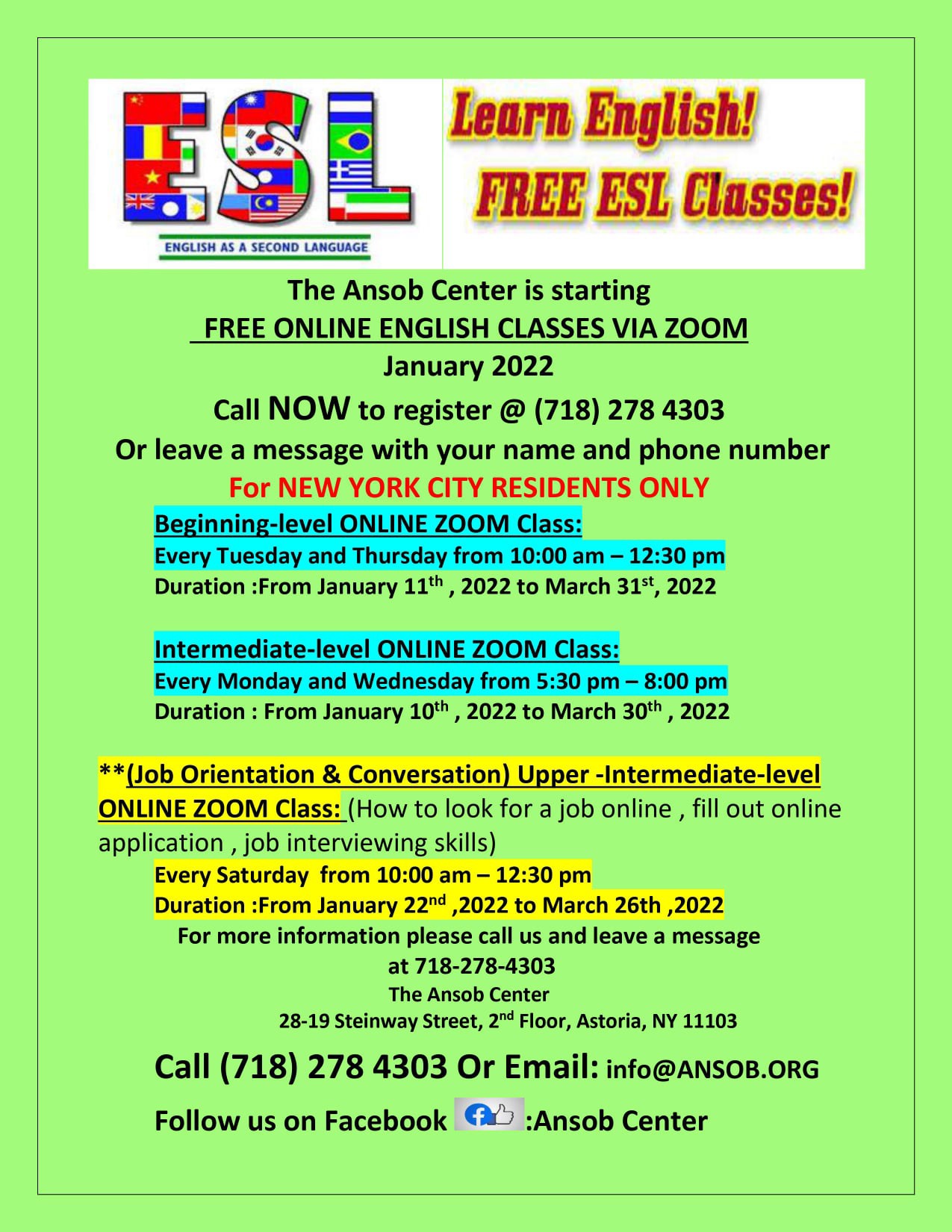 Free ESL / Job Orientation Classes @ Ansob Center